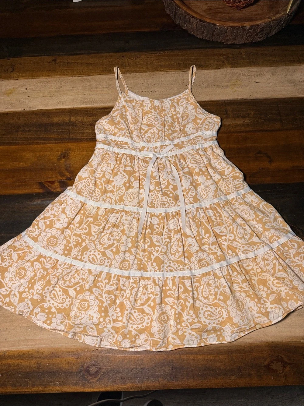 Toddler Girl Dress Tan & White